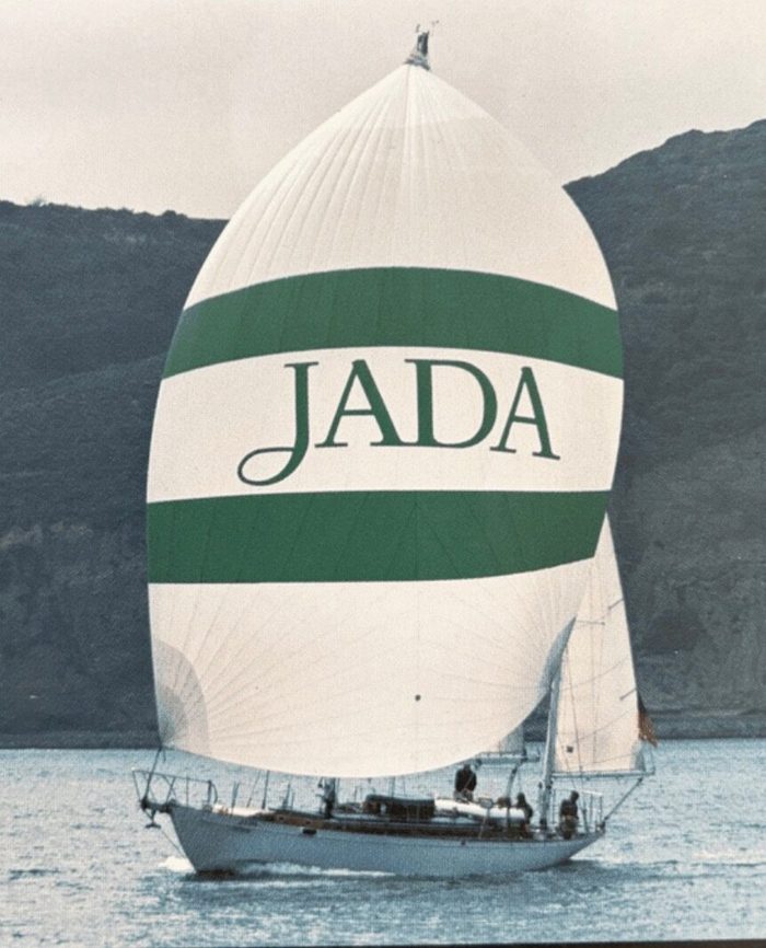 JADA sailing with her green-striped JADA sail flying